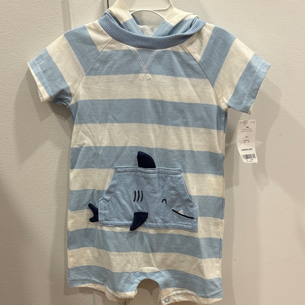 Carter's Light Blue and White Baby Hooded Romper